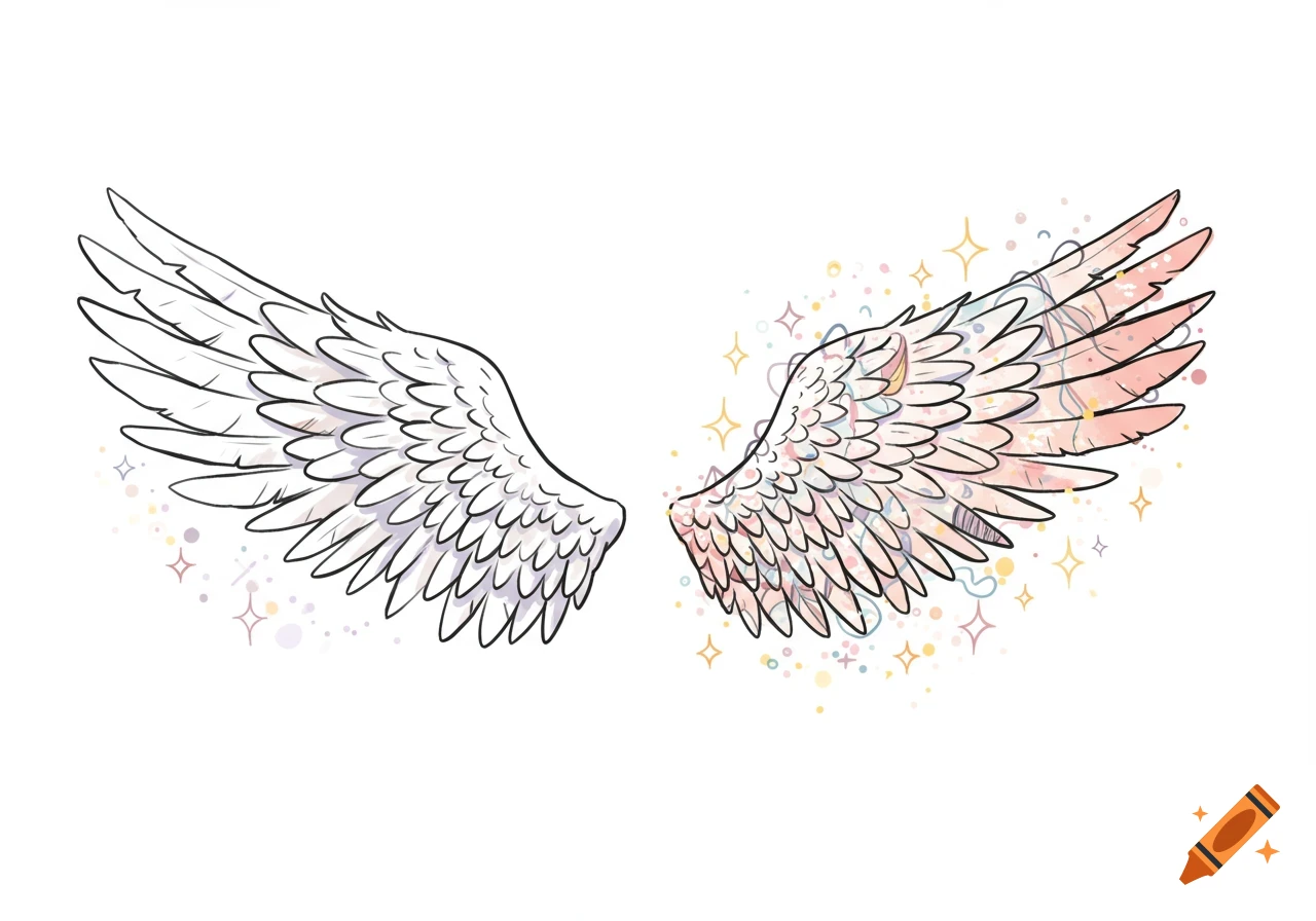 A cartoon illustration of two angel wings, one white and one pastel-colored with glitter, on a white background.