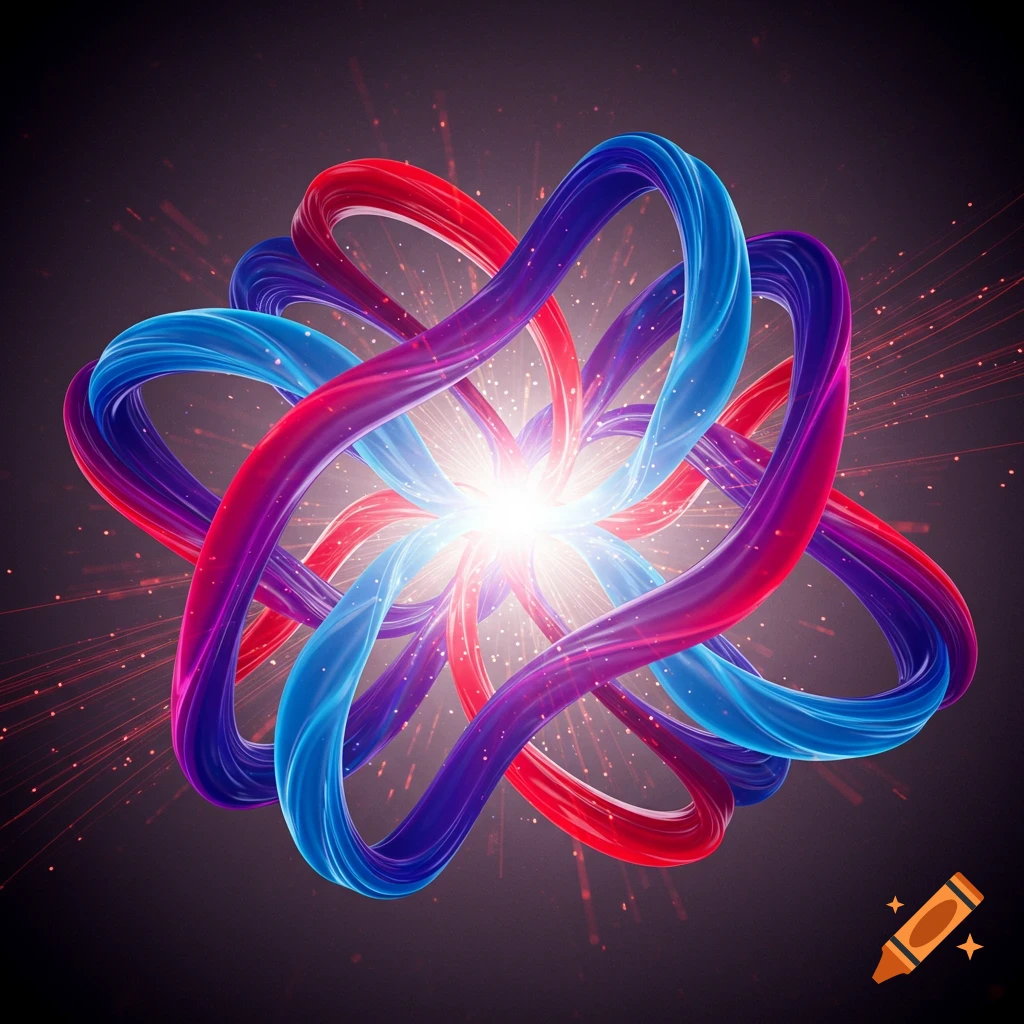 Vibrant abstract digital art of intertwined red, blue, and purple ribbons radiating light from a bright center on a dark background.