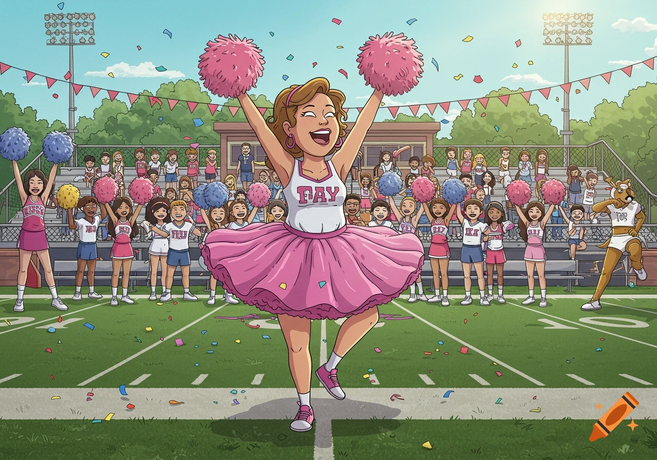 A cartoon of a principal in a pink tutu and cheerleaders at a pep rally on a football field, confetti falling.
