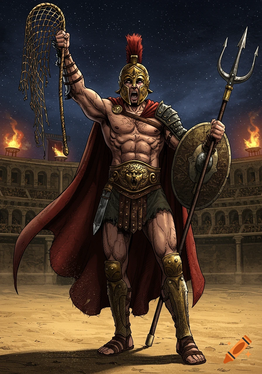 Muscular gladiator in a bronze helmet and red cape, holding a net and trident, poses triumphantly in a coliseum at night, comic book style.