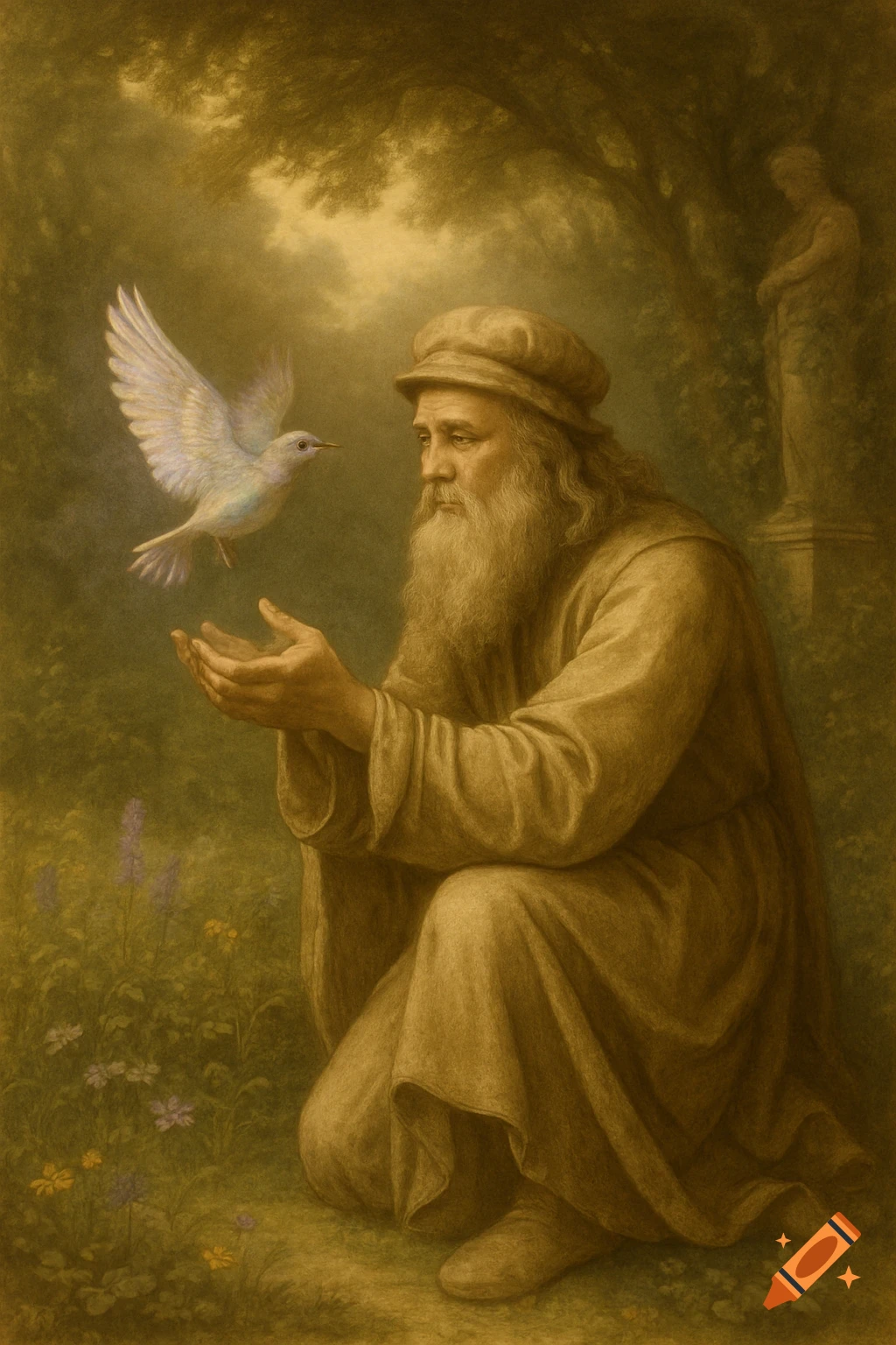 Sepia-toned classical painting of a bearded man in a garden, kneeling as a white bird flies towards his open hands.
