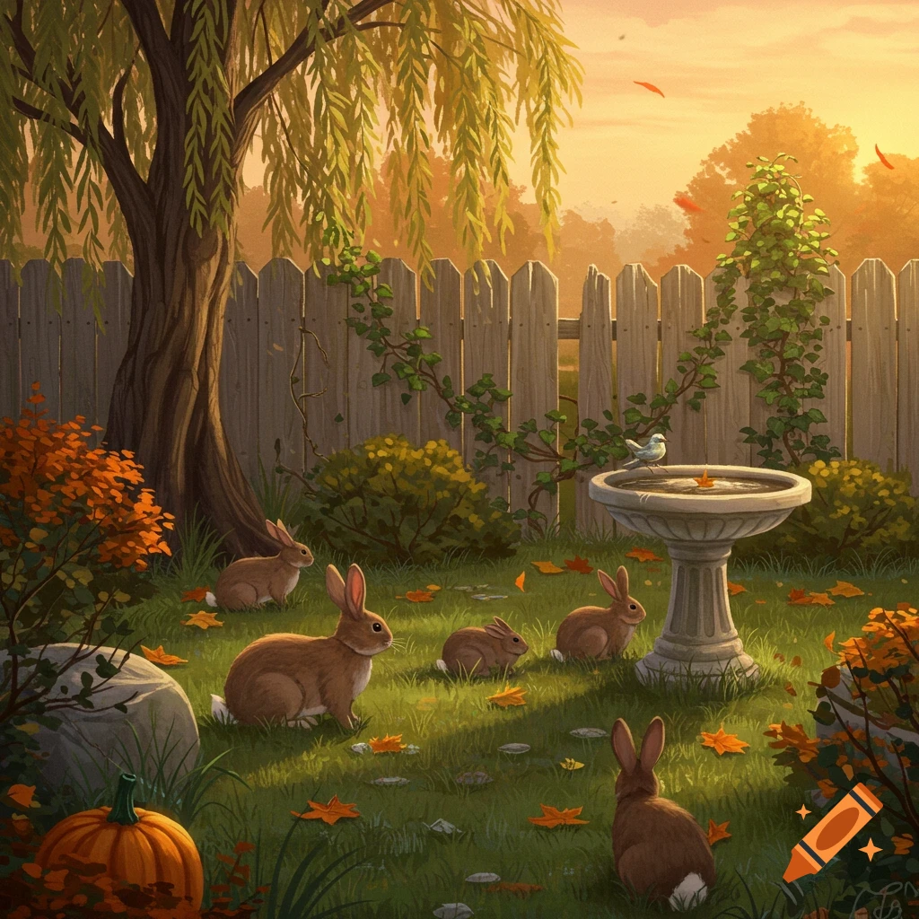 Illustrated scene of brown bunnies in an autumn backyard with a birdbath, weeping willow tree, and fence at sunrise.