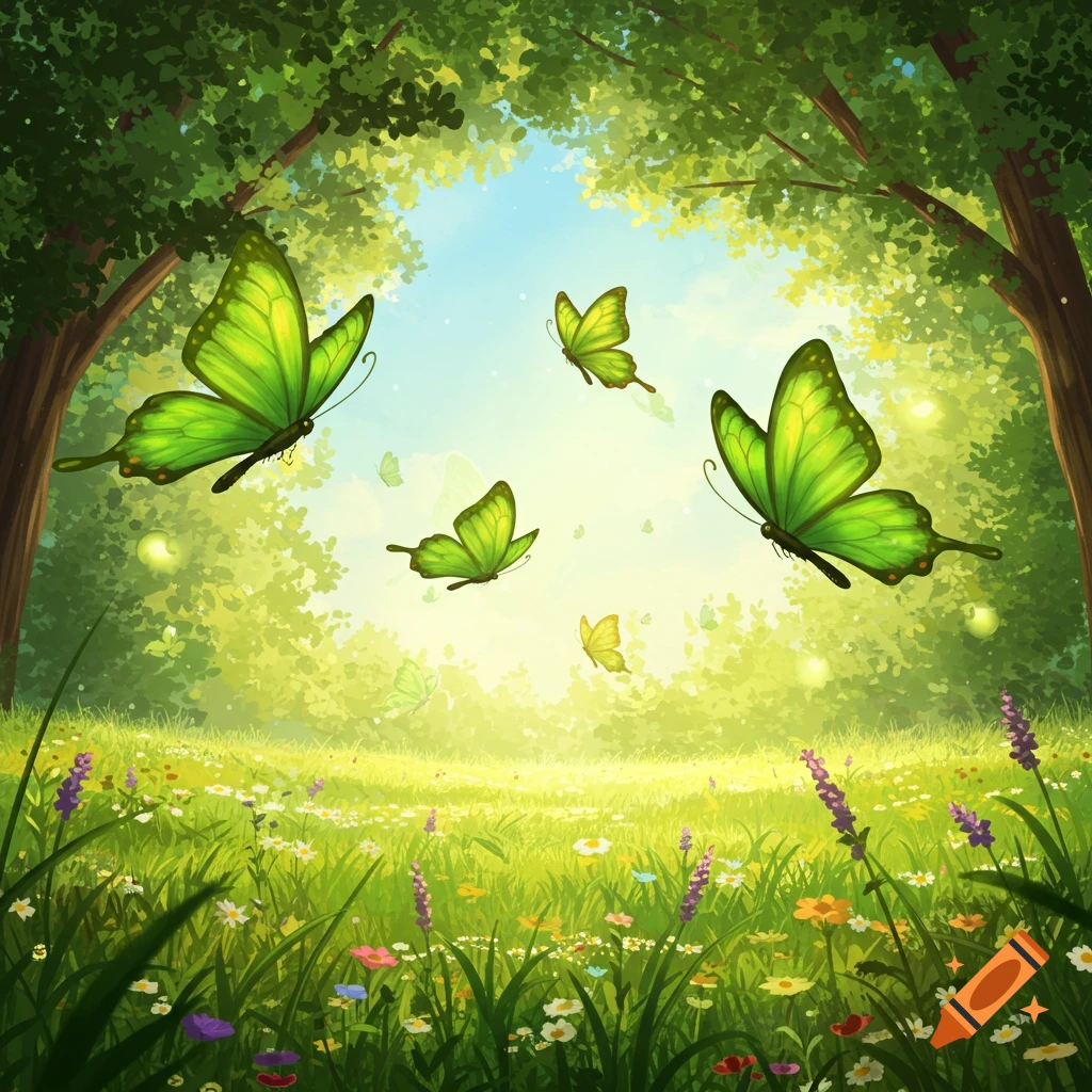 Vibrant illustration of green butterflies flying through a lush, sunlit forest with a meadow of colorful wildflowers.