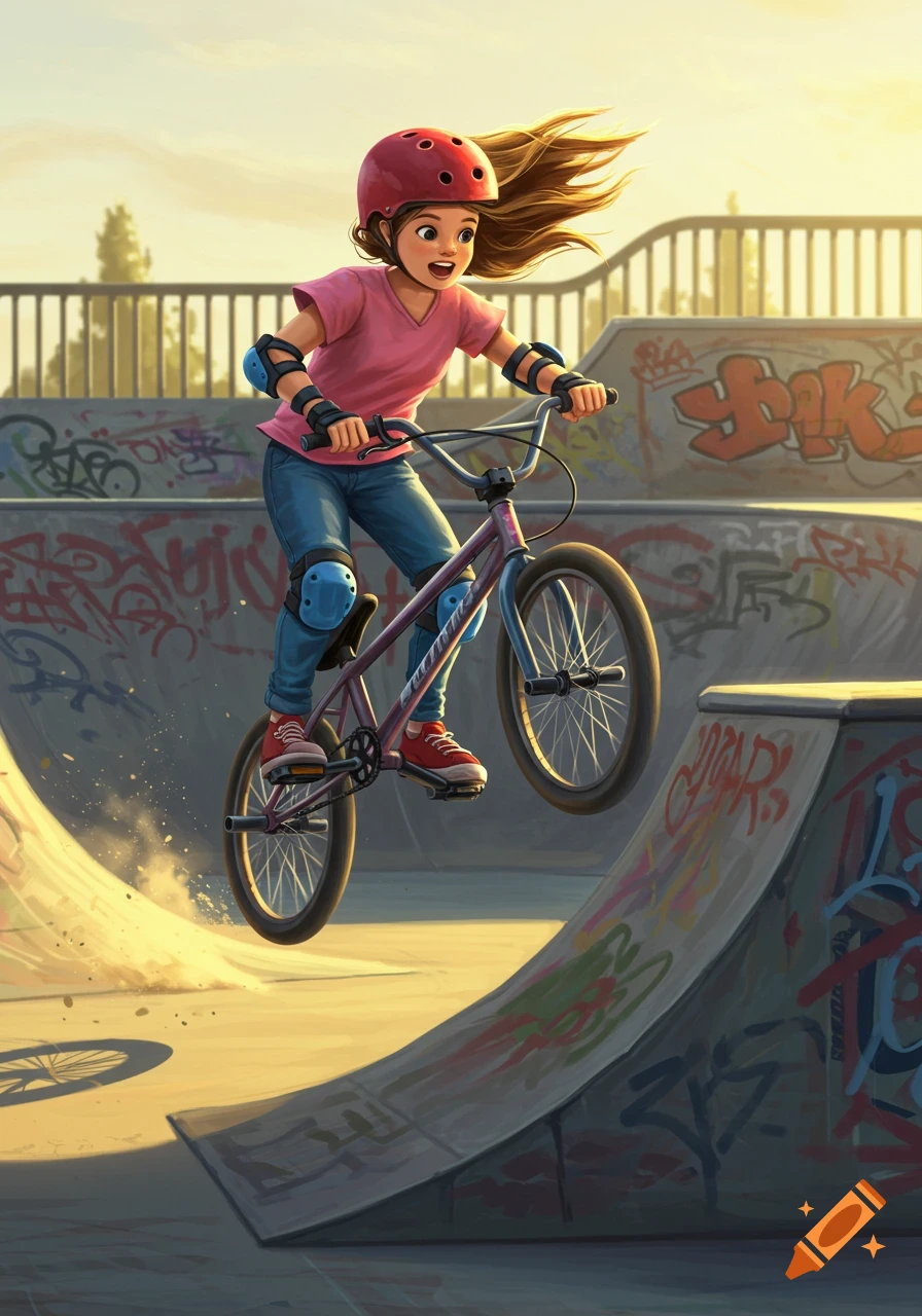 Vibrant cartoon of a girl in a helmet on a BMX bike airborne over a ramp in a graffiti-covered skate park.