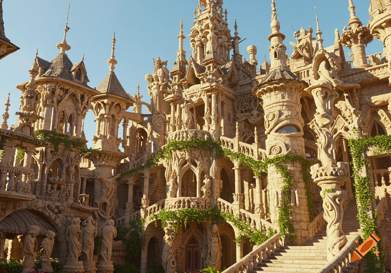 An ornate, highly detailed stone palace with spires, arches, statues, and green vines under a clear blue sky.