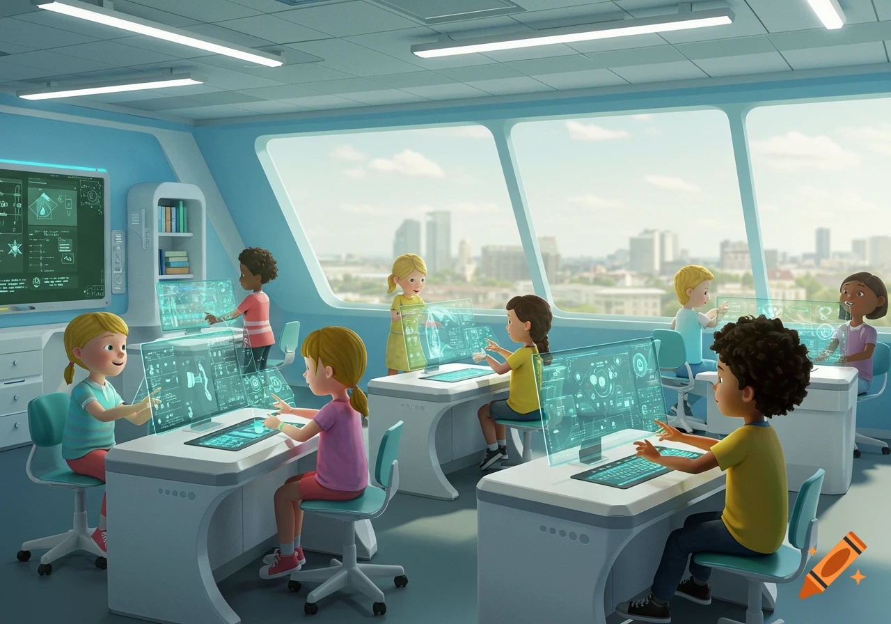 Cartoon children in a bright, futuristic classroom using interactive holographic AI devices.