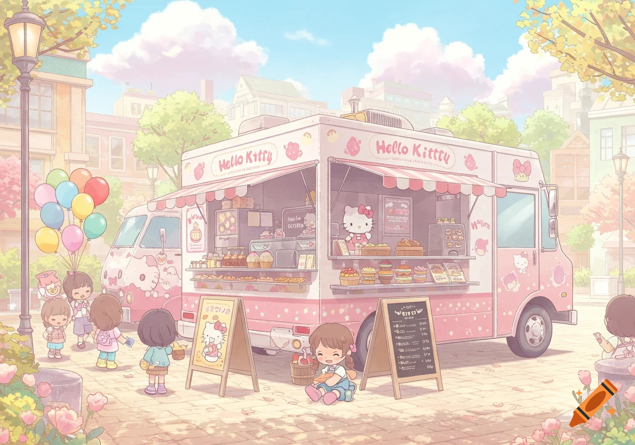 A pastel anime drawing of a Hello Kitty food truck selling pastries to smiling children in a sunny town square, with balloons.