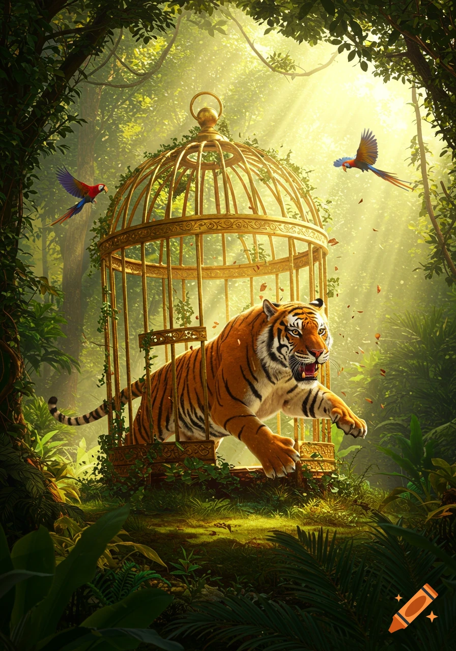 A photorealistic depiction of a tiger escaping a golden cage in a sunlit jungle, with colorful parrots flying.