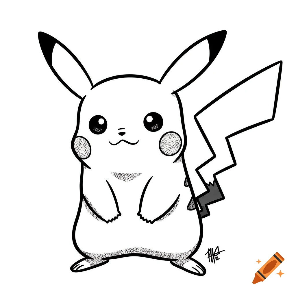 Black and white caricature illustration of Pikachu.