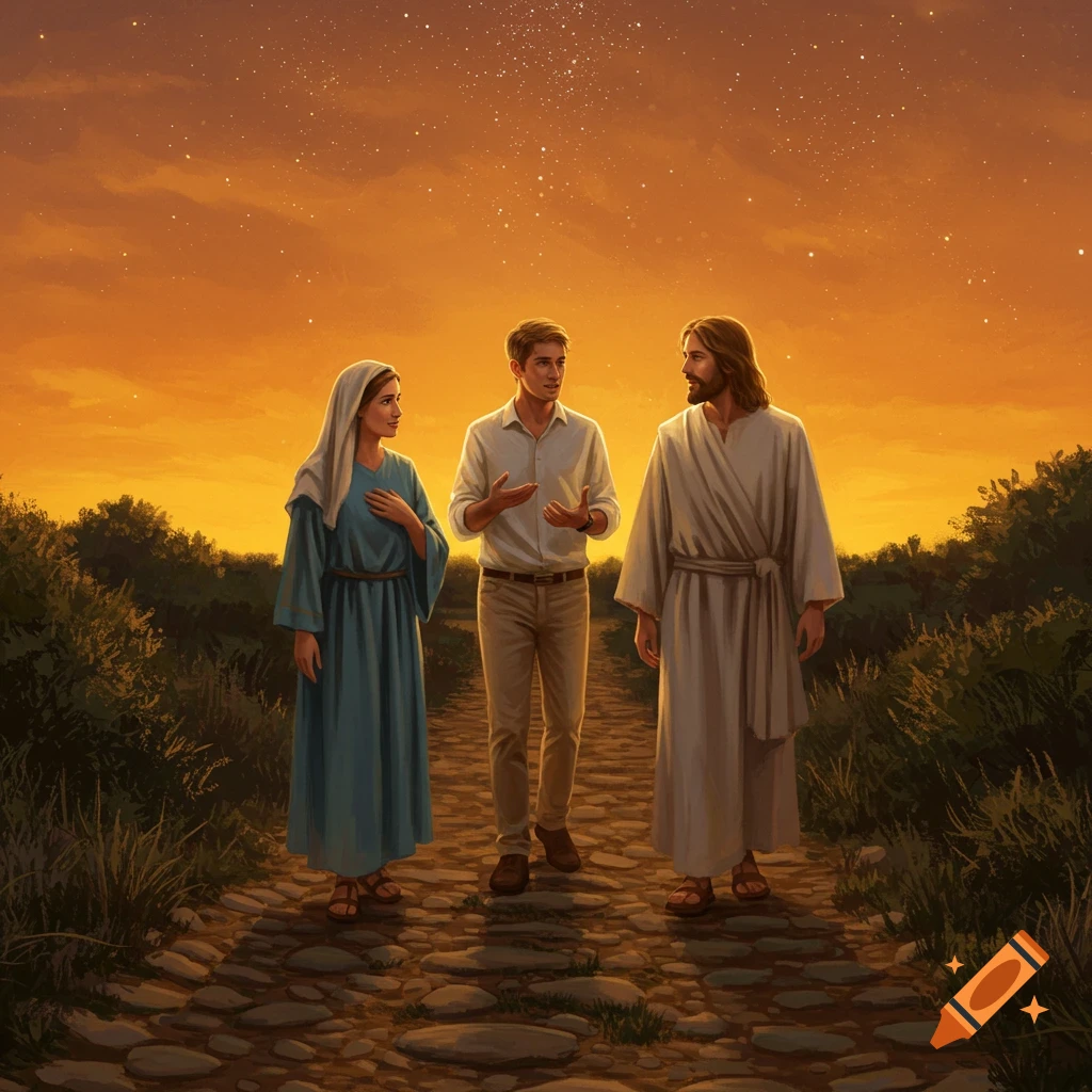 Illustrated scene of Jesus, Mother Mary, and a modern man walking and talking on a cobblestone path under an orange, starry night sky.