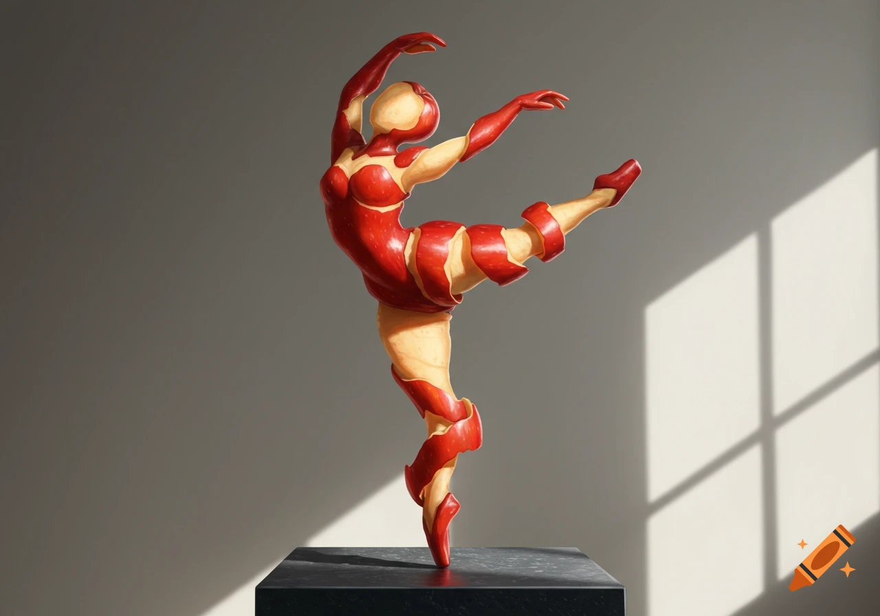 Sculpture of a ballerina posed en pointe, made from red apple peels and pale apple flesh, on a dark pedestal.