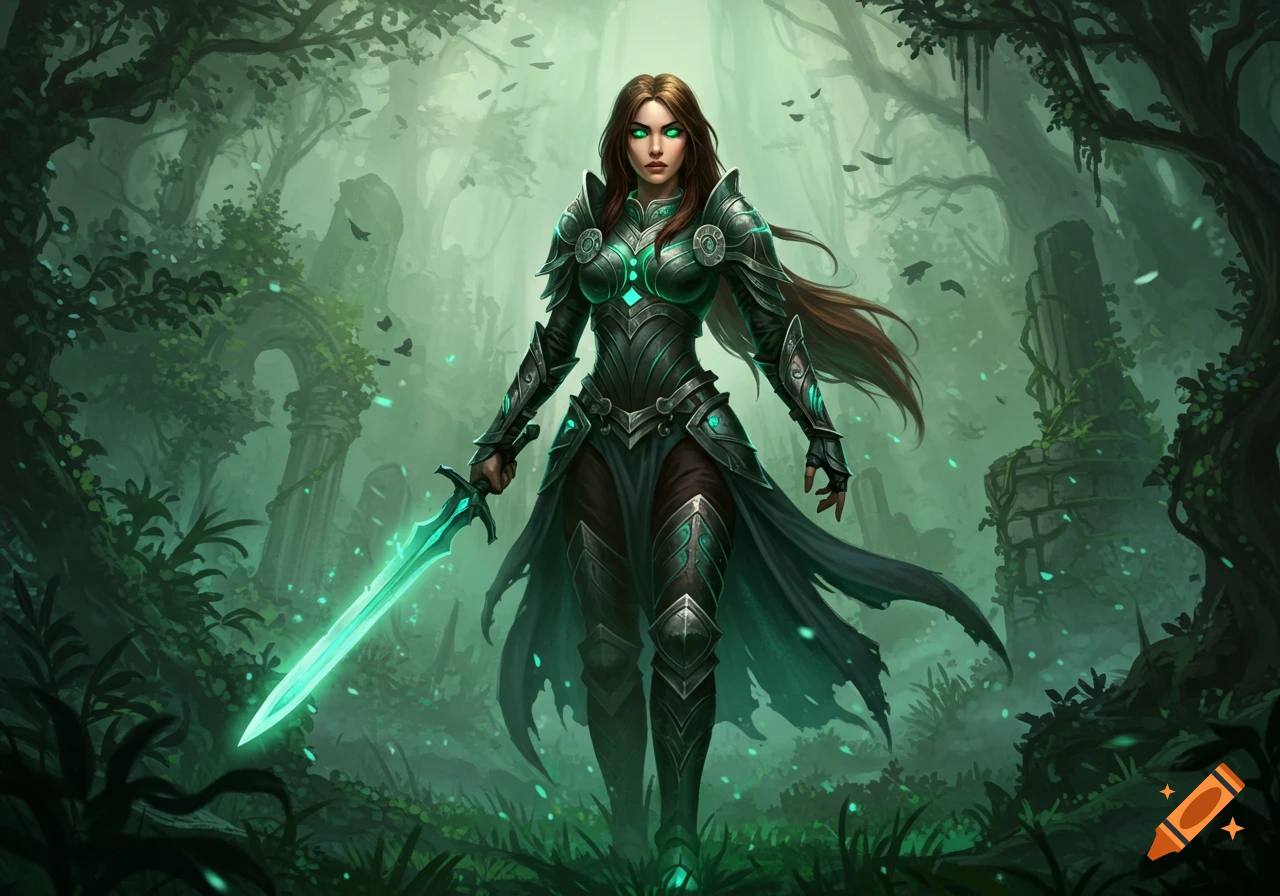 A female warrior with green eyes, brown hair, and glowing green fantasy armor stands with a luminous sword in a mystical forest with ruins.