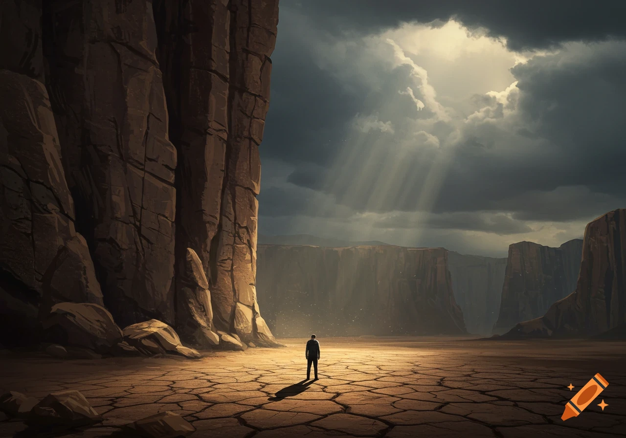 A lone figure stands on cracked earth in a vast canyon under a dramatic, sunlit stormy sky, digital illustration.