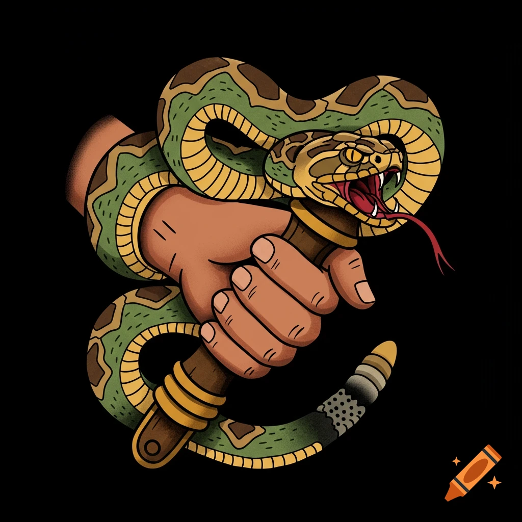 Traditional tattoo of a hand grasping a green and yellow rattlesnake with an open mouth.