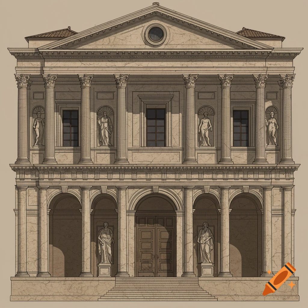 An architectural drawing of a classical Roman-style monument with two levels, columns, arches, windows, doors, and statues, in a detailed, blueprint-like style.