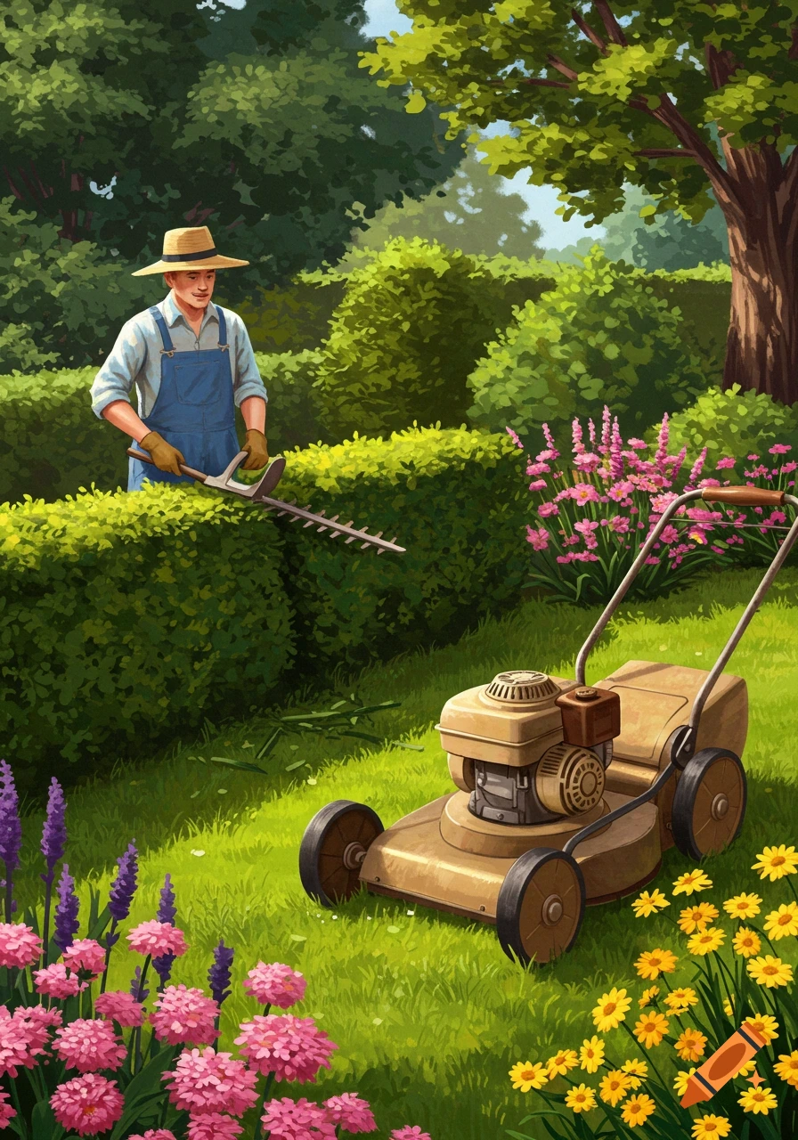 An illustrated man in a straw hat and overalls trims a green hedge in a vibrant garden with colorful flowers and a lawnmower.