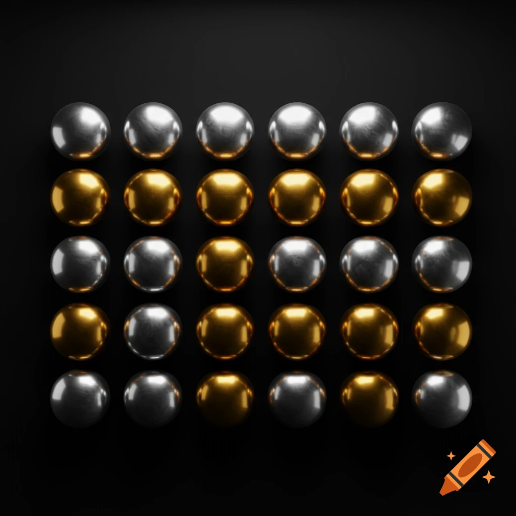 A grid of alternating silver and gold metallic spheres against a dark black background.