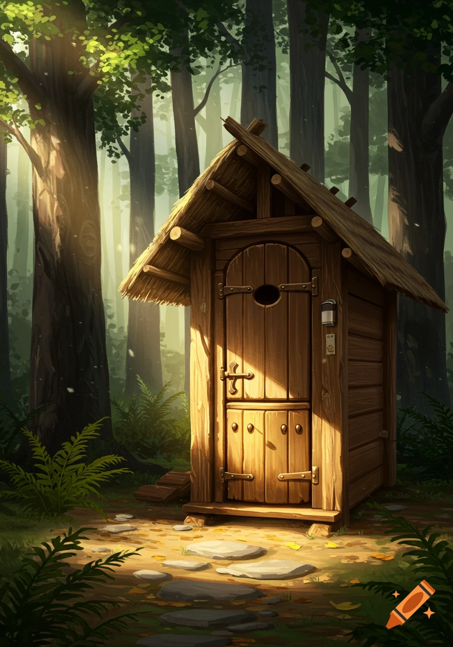 A rustic wooden outhouse with a thatched roof sits on a stone path in a sun-dappled forest, illustration style.