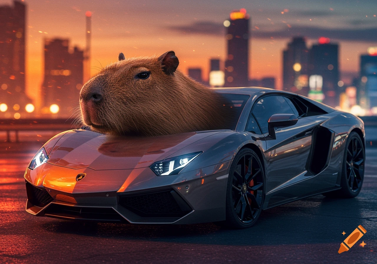 Photorealistic image of a capybara emerging from the hood of a grey Lamborghini Aventador, with a city skyline at sunset in the background.