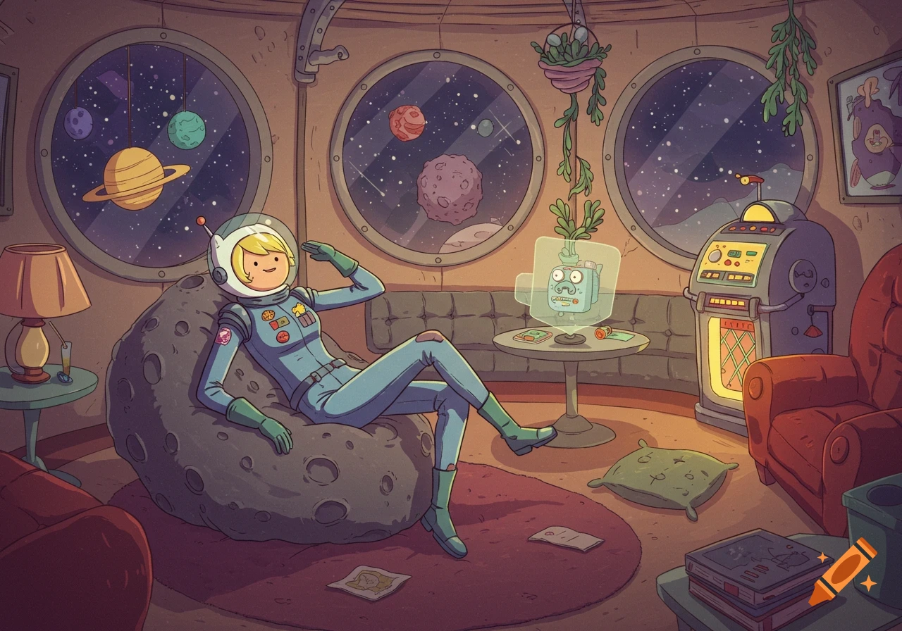 A blonde astronaut relaxes on a moon beanbag in a cozy spaceship lounge, looking at planets, in Adventure Time style.