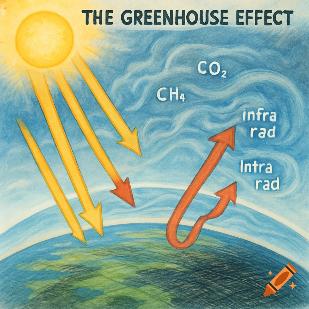 Hand-drawn diagram of the greenhouse effect showing the sun, Earth, CO2, CH4, and infrared radiation arrows. Educational illustration.