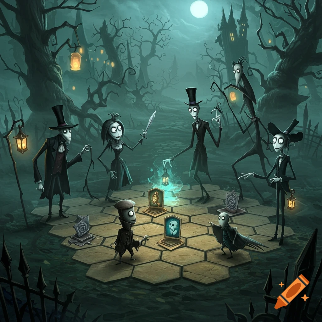 Stylized dark fantasy illustration of Tim Burtonesque characters on a hex grid in a spooky forest under a full moon.