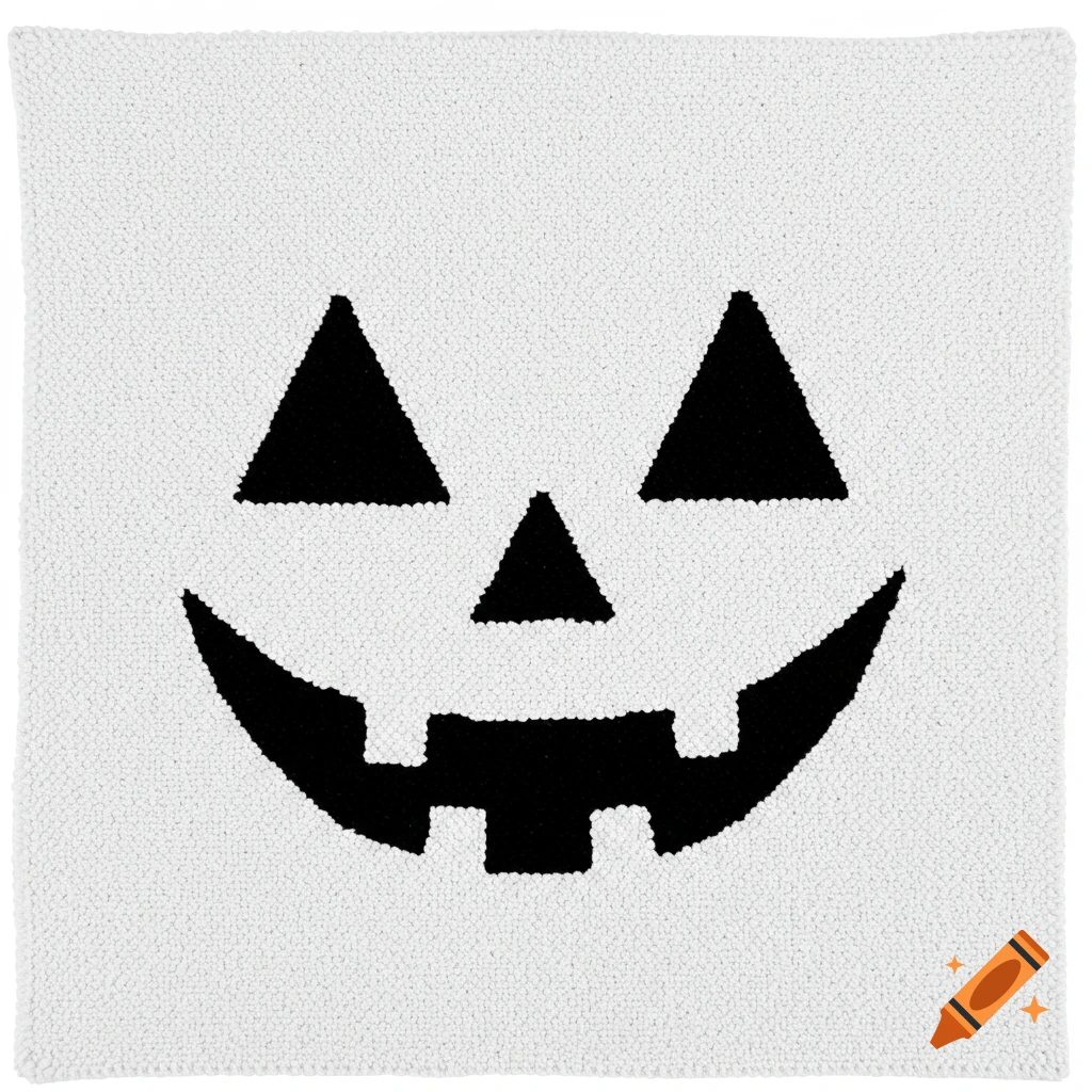 Black and white smiling jack-o'-lantern face on a punch needle textile coaster.