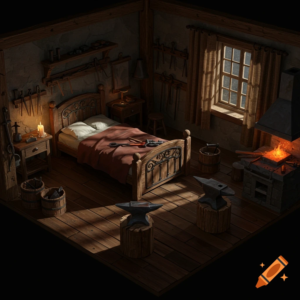 Isometric digital art of a cozy blacksmith's bedroom with a glowing forge, a bed, tools, and sunlight streaming through a window.