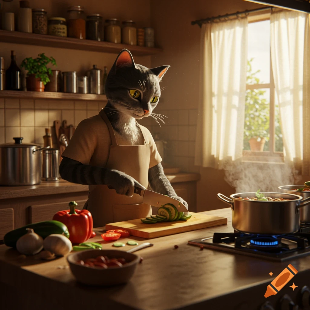 A realistic humanoid cat in an apron cuts vegetables on a counter while food cooks on a sunlit kitchen stove.