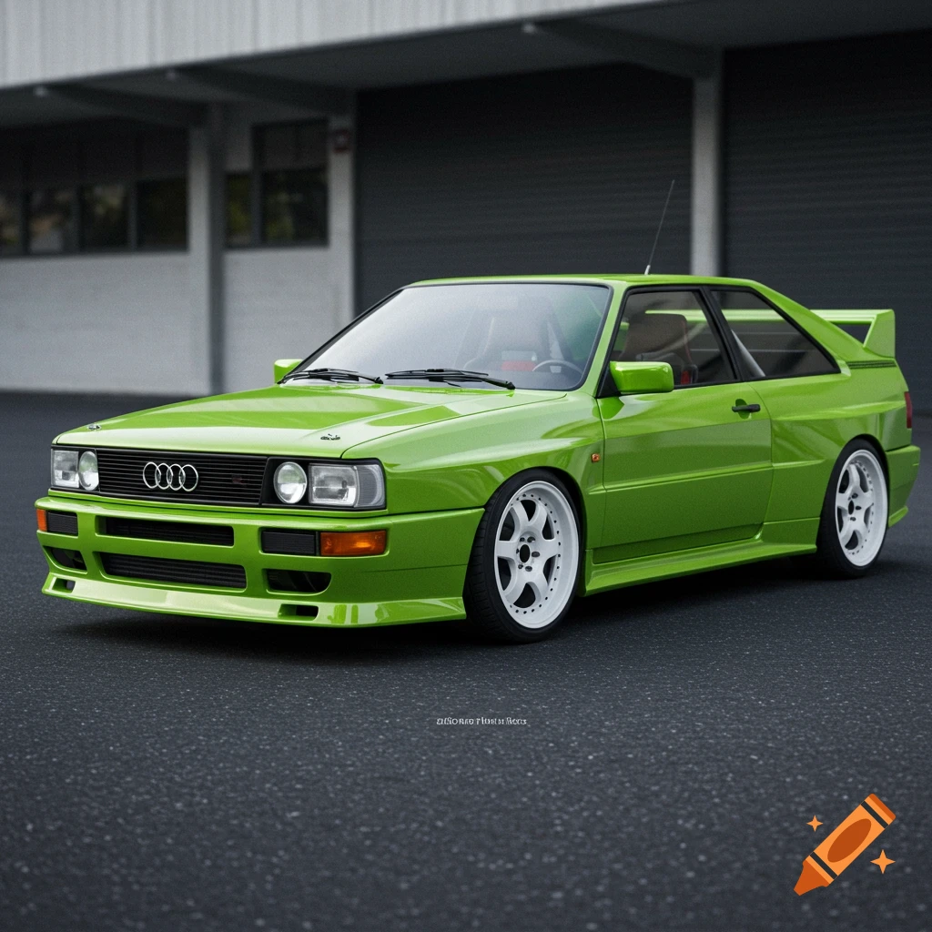 A highly detailed, lowered bright toxic green Audi Coupé GT Typ 81 with white wheels, Sportquattro-style spoilers, on clean asphalt.