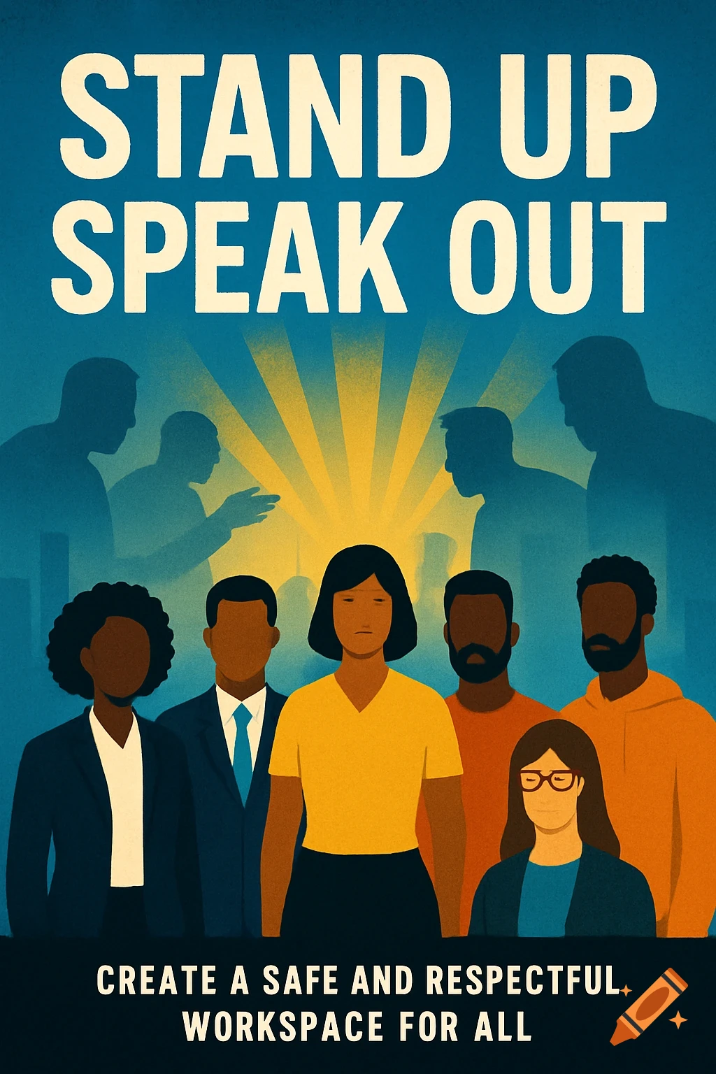A stylized poster with diverse people standing under a glowing light. Text reads 'STAND UP SPEAK OUT' and 'CREATE A SAFE AND RESPECTFUL WORKSPACE FOR ALL'.