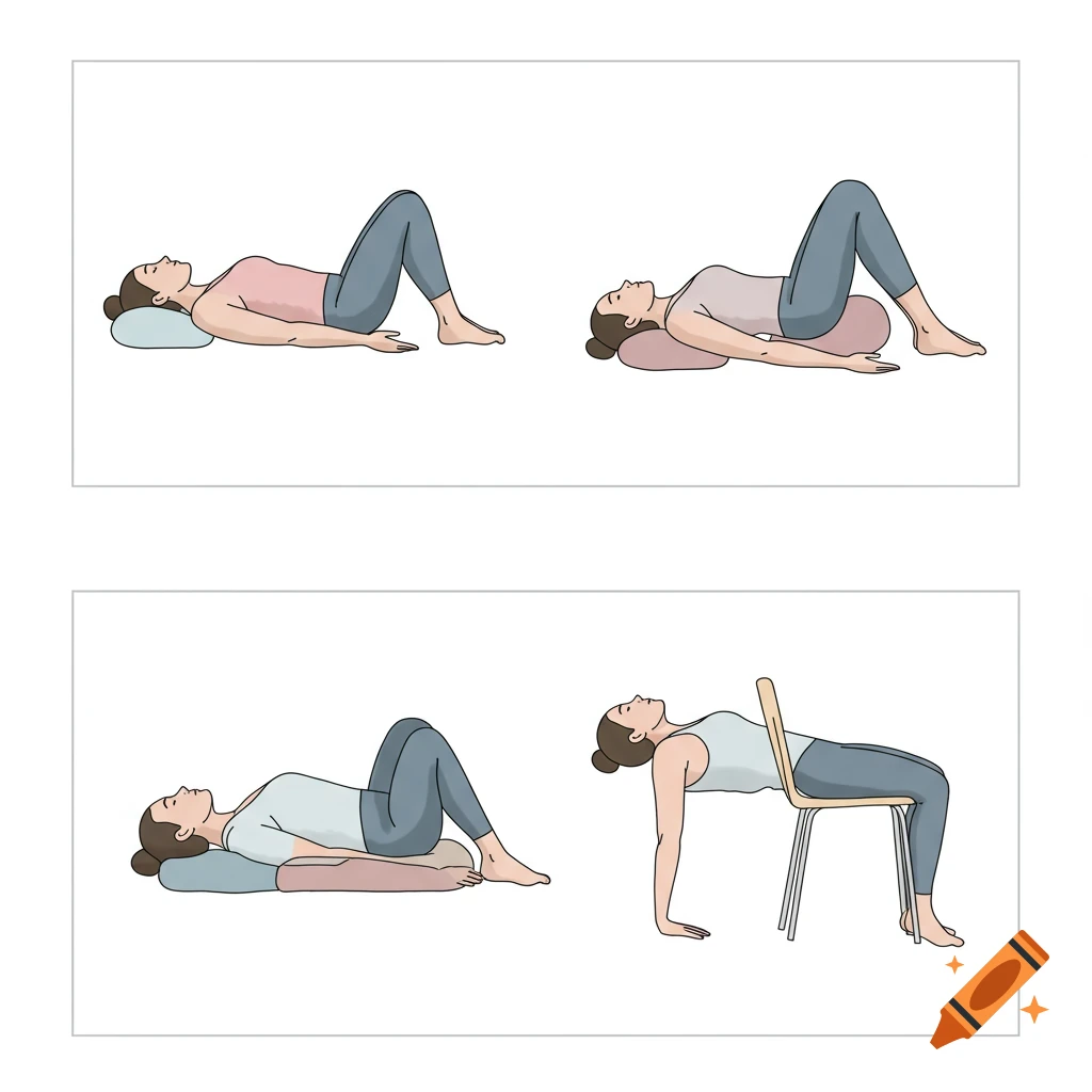 Four instructional line art diagrams of a person performing various yoga or stretching poses with pillows and a chair.