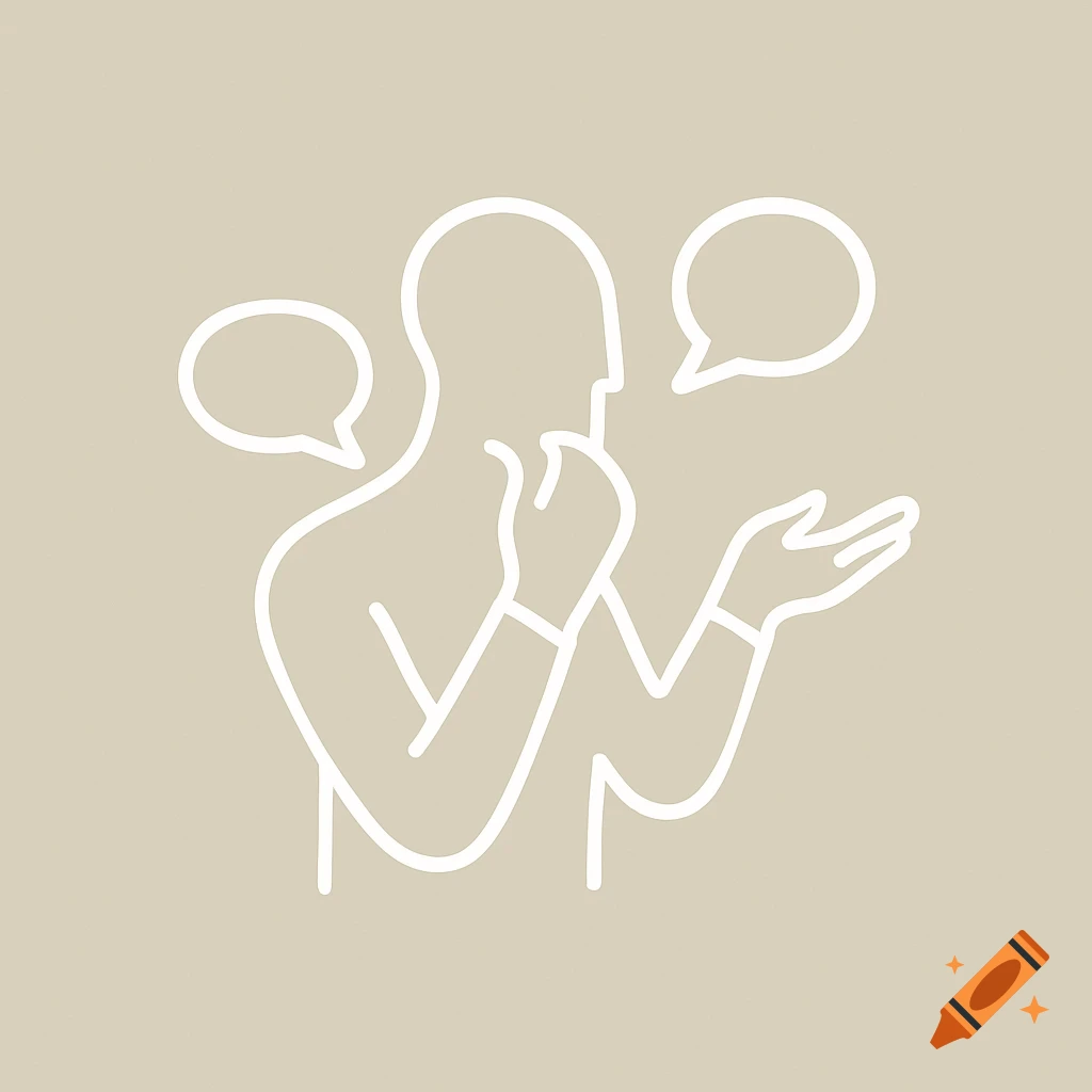 Minimalist white line art logo of a person with two empty speech bubbles, suggesting thought or debate, on a light beige background.