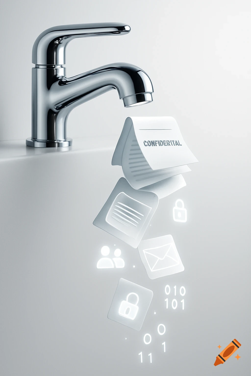 Chrome faucet dripping glowing documents and digital icons like padlocks, people, mail, and binary code on a white background.