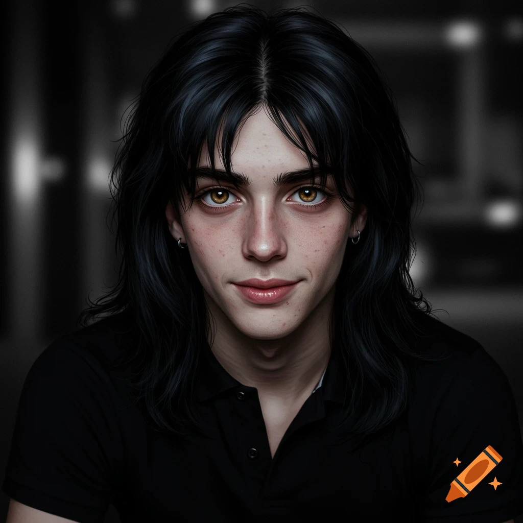 Photorealistic portrait of a young person with long black hair, brown eyes, and fair skin, wearing a black polo.