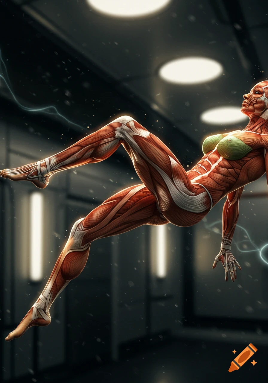 Anatomical rendering of a muscular female figure, bones and muscles exposed, floating in a dark sci-fi chamber with glowing lights and energy.