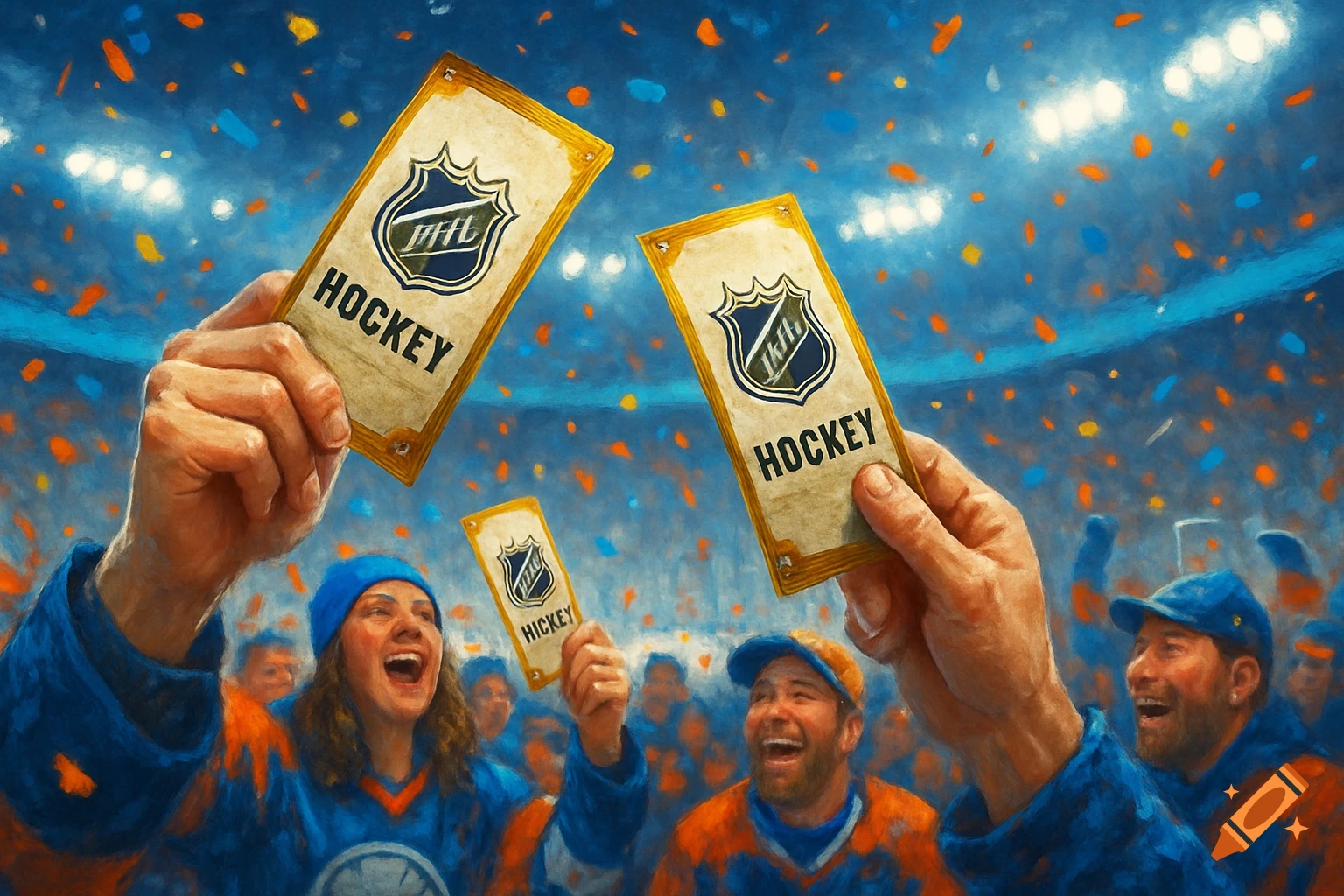 An impressionistic painting of happy hockey fans in a stadium, holding up tickets and cheering, with colorful confetti falling around them.