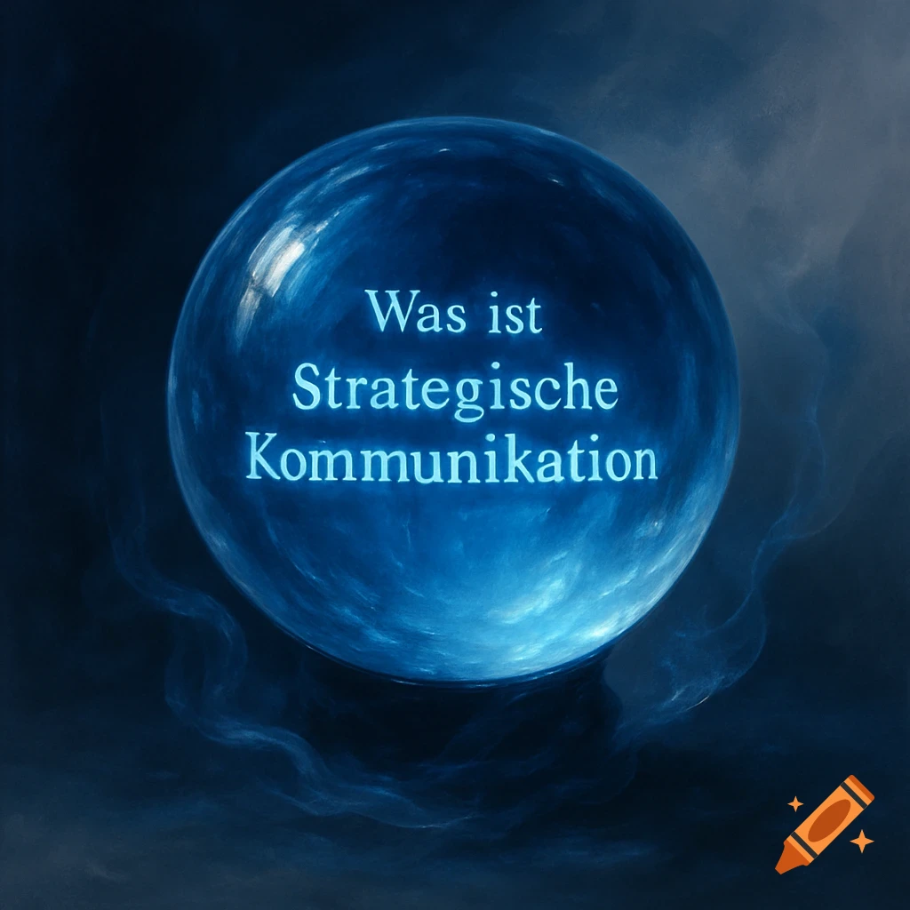 A glowing blue crystal ball with the text "Was ist Strategische Kommunikation" floating inside on a dark, smoky background.