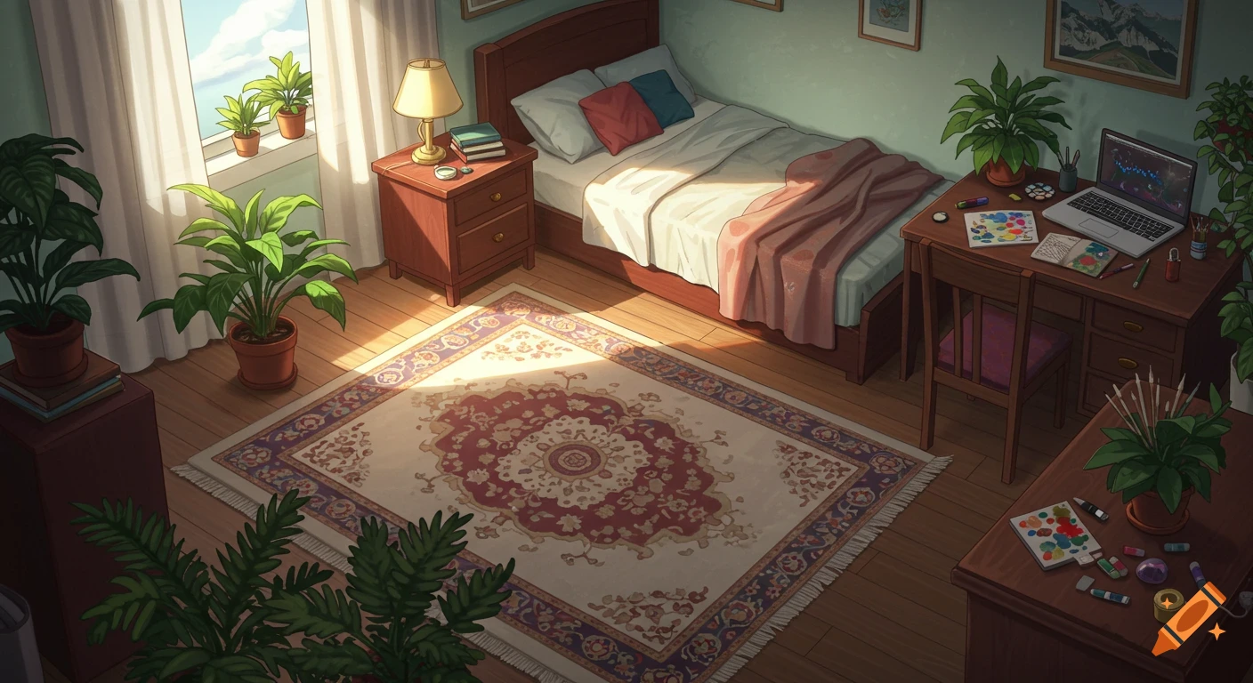 A cozy digital art bedroom scene with a bed, desk, numerous potted plants, and a patterned rug, lit by sunlight from a window.