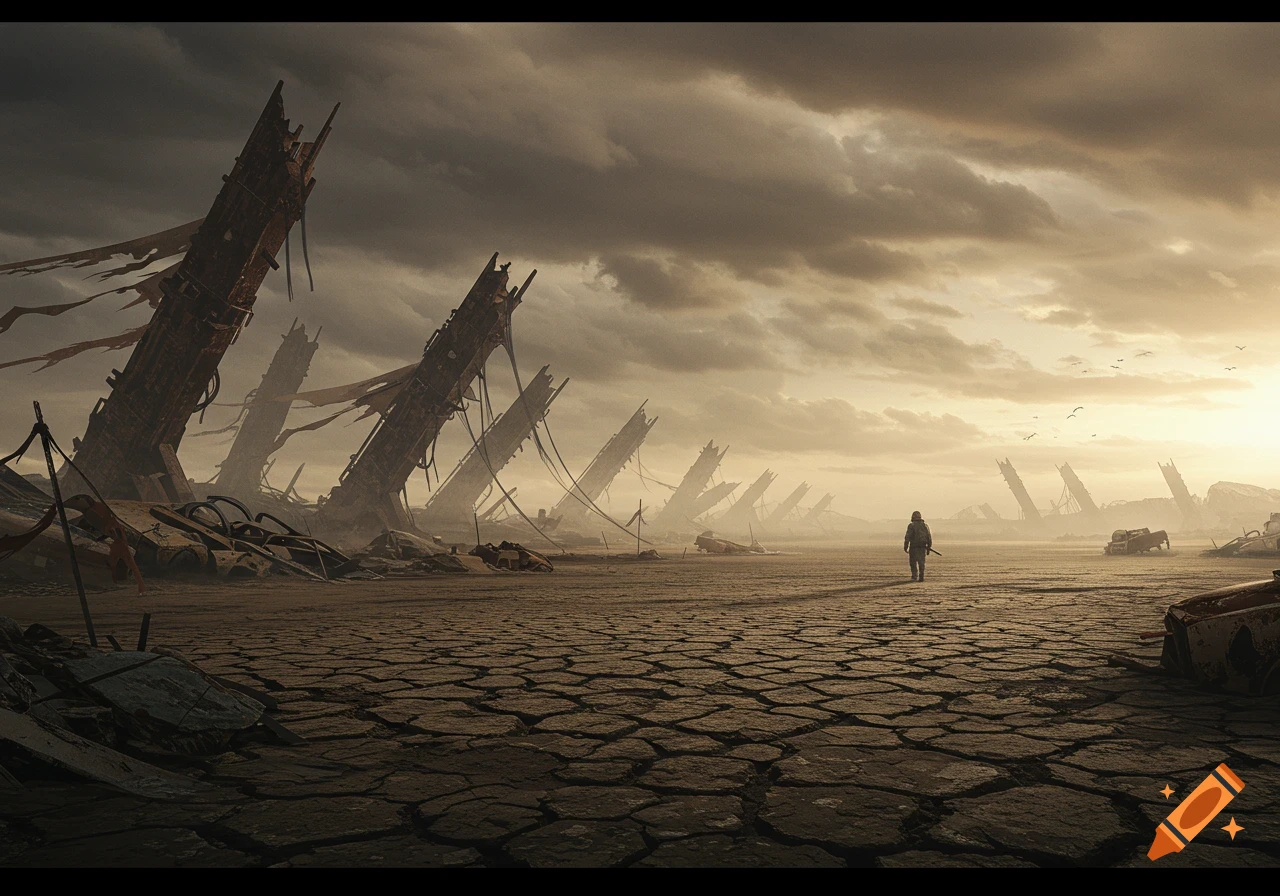 A lone figure walks across a cracked, dry post-apocalyptic wasteland with towering ruins under a cloudy sky.
