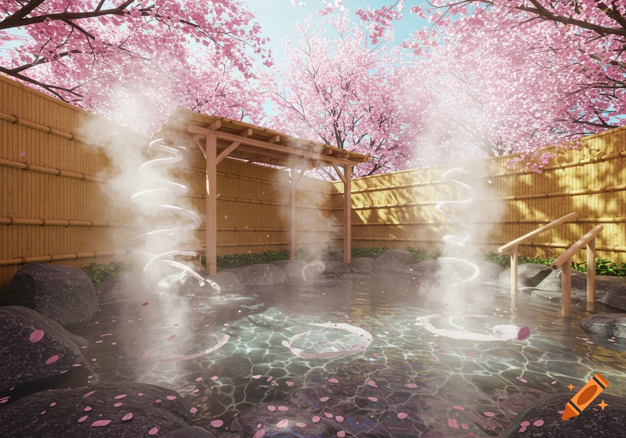 A serene Japanese onsen with steaming water, surrounded by bamboo fences and vibrant pink cherry blossom trees in full bloom.