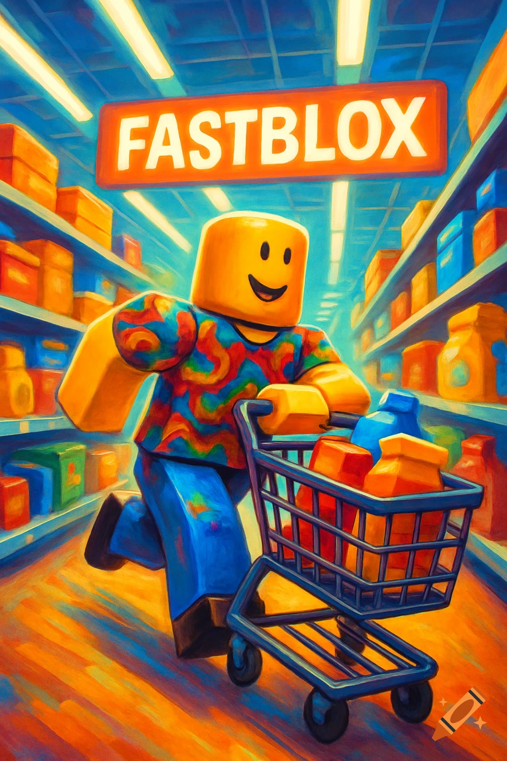 A stylized Roblox-like character runs with a shopping cart through a bright grocery store with a 'FASTBLOX' sign.