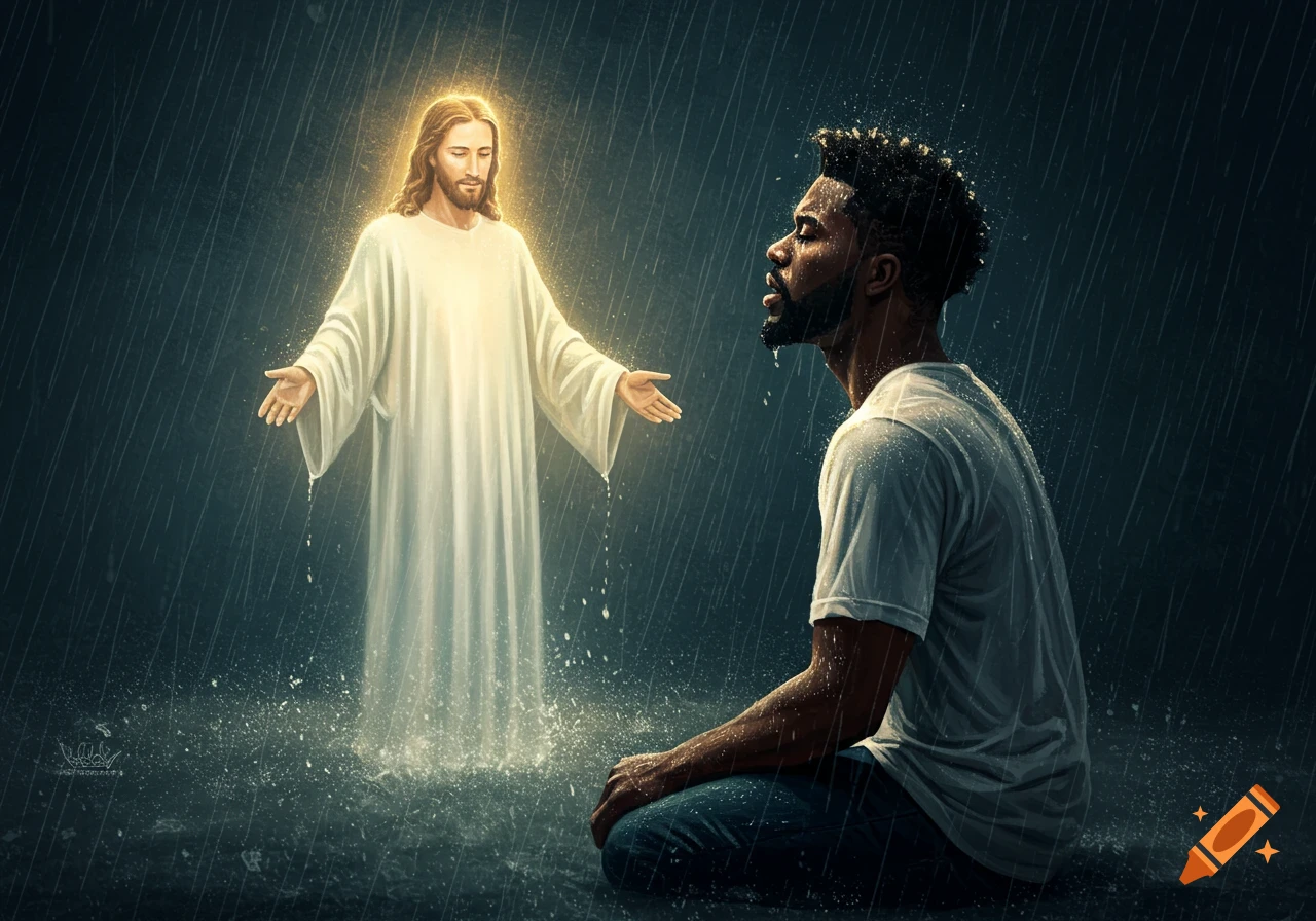 An illustration of a Black man kneeling in the rain, looking up at a glowing, benevolent figure of Jesus.
