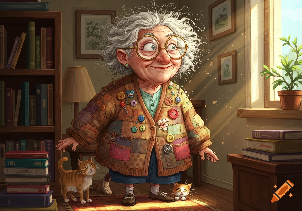 Cartoon of a smiling old lady in glasses and a patchwork cardigan, with two ginger cats, in a cozy, sunlit room with bookshelves.