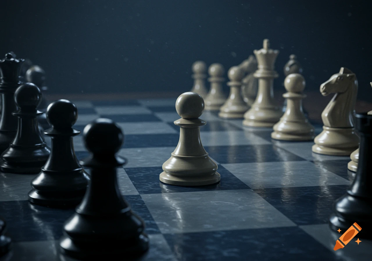 A close, low-angle shot of a chessboard with black and white chess pieces, featuring a prominent white pawn in the center, set in a moody, dark atmosphere.
