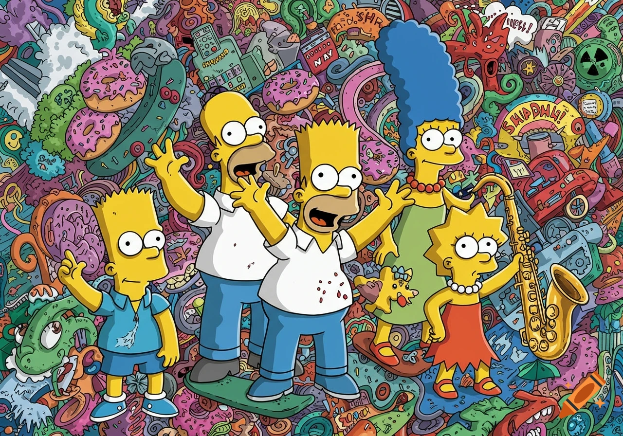 A colorful, busy doodle art style image of the Simpsons family against a background filled with various cartoon objects and patterns.