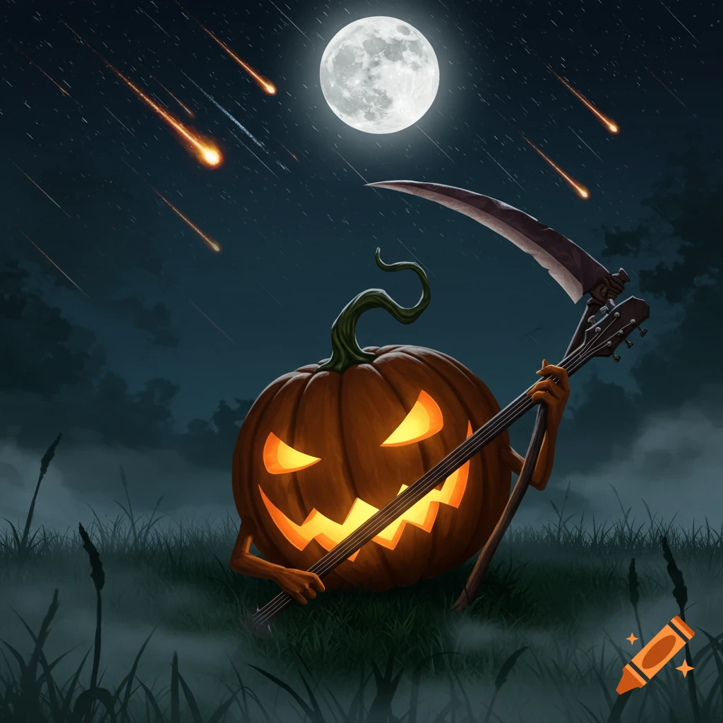 A jack-o'-lantern with glowing eyes plays a scythe-guitar in a misty field under a full moon and shooting stars.