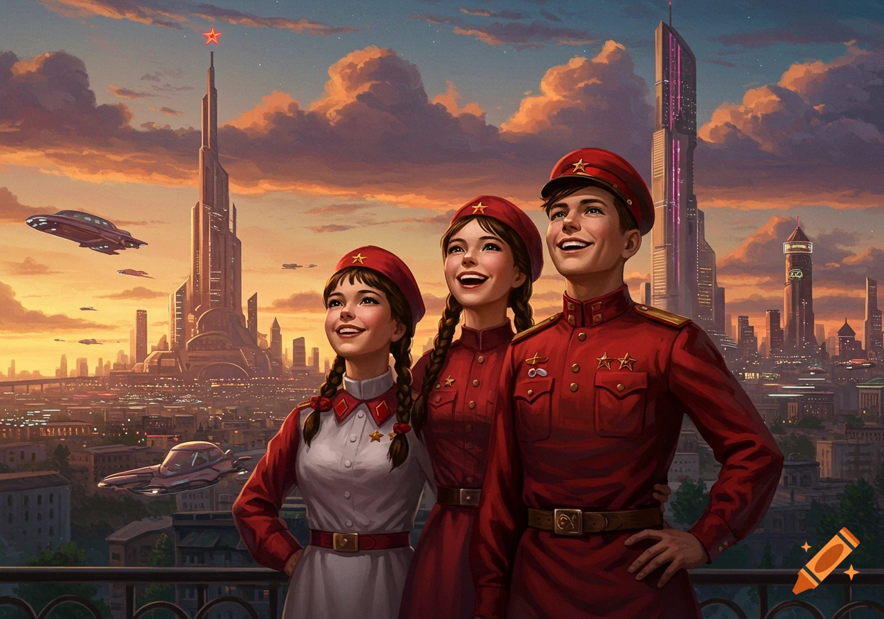 Three young people in red Soviet-era uniforms stand on a balcony, smiling and looking up at a vibrant retrofuturistic city with flying vehicles at sunset.