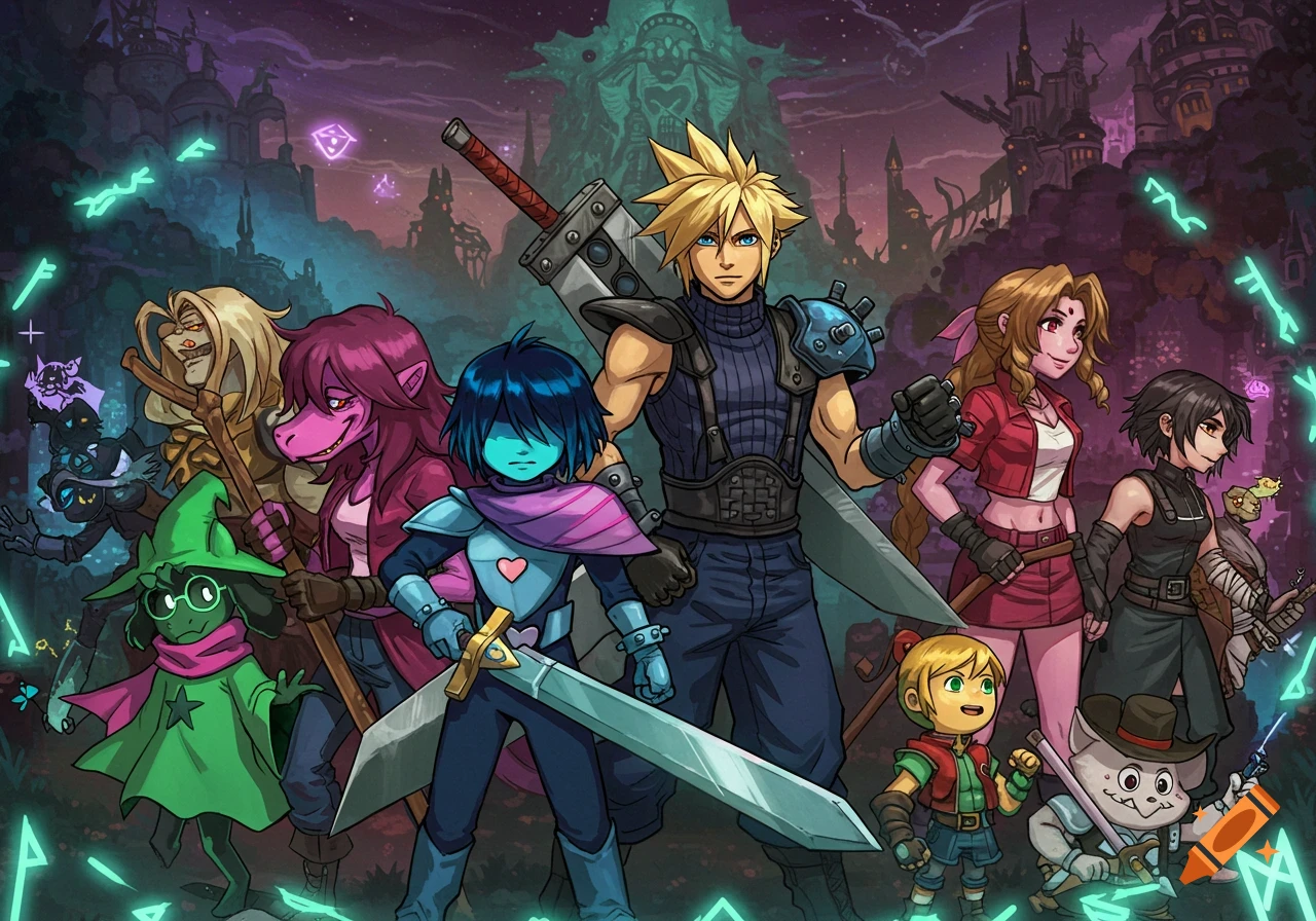 Anime-style crossover art of Deltarune and Final Fantasy characters in a fantasy landscape.