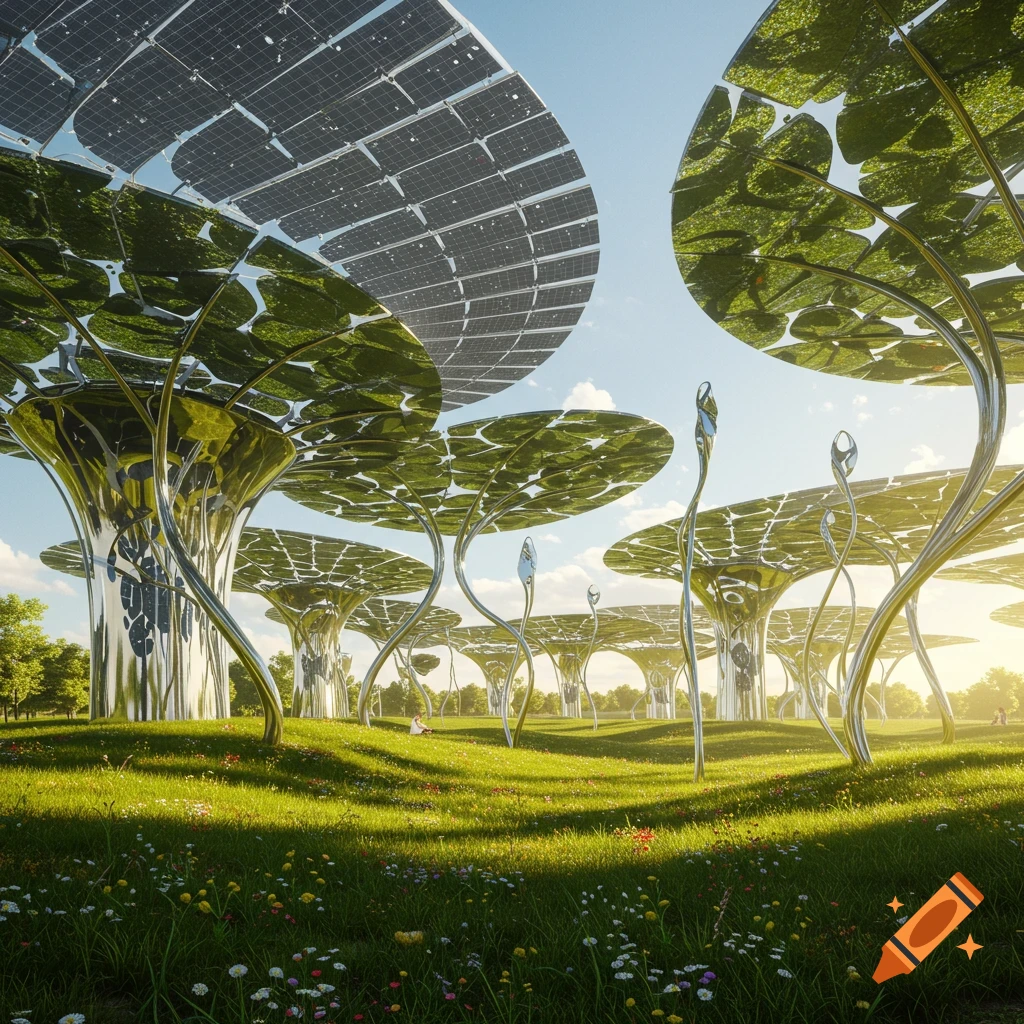 Photorealistic image of a futuristic park with large, metallic tree-like solar panel structures and lush green grass.